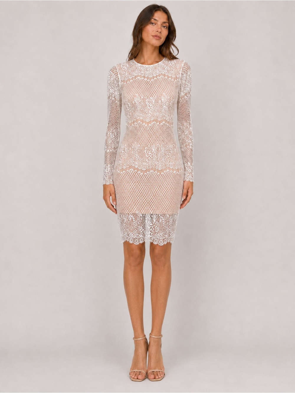 Glamorous XS Nude White Lace Crochet Long Sleeve Midi Dress